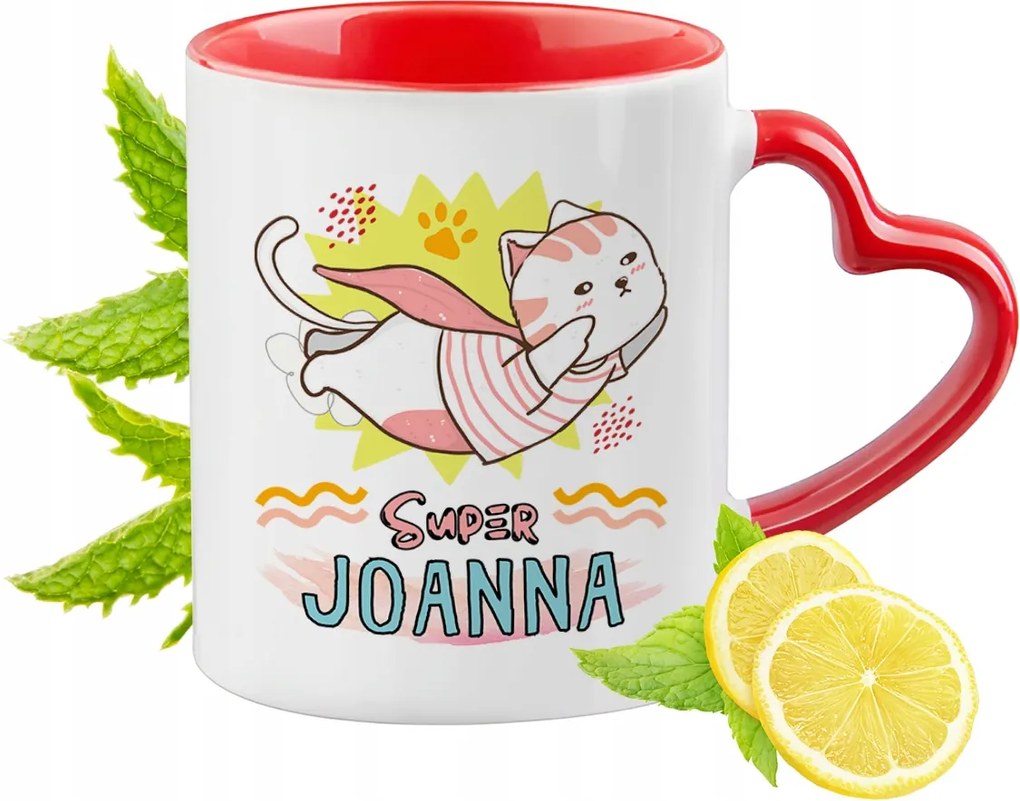 Piros bögre szív alakú füllel Johannának ajándékba