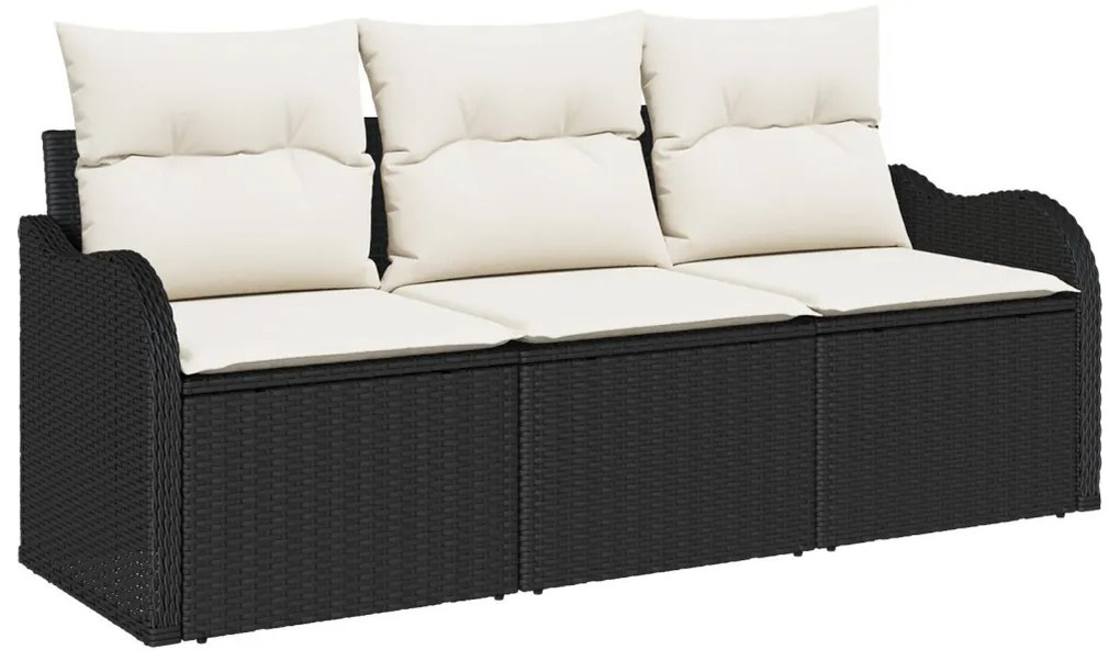 3 részes kert kanapé szett párnákkal fekete poli rattan, 2 személyes kert kanapé tárolóval és párnákkal fekete poli rattan