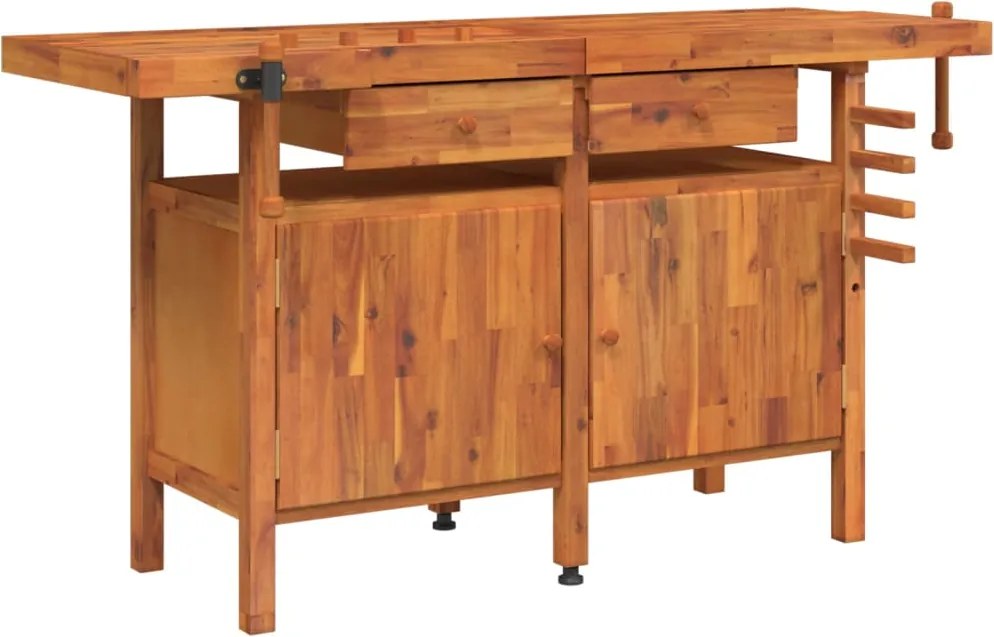 vidaXL tömör akácfa munkaasztal fiókokkal és satukkal 162 x 62 x 83 cm