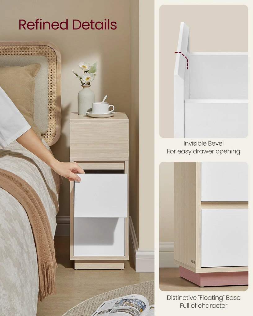Vékony éjjeliszekrény 2 db-os szett, 2 fiókos, nyitott rekesszel, bézs és fehér színben