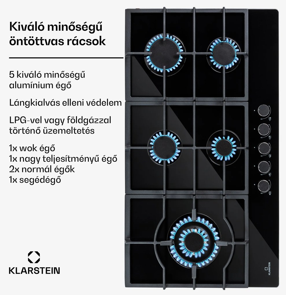 Klarstein Ignito Chef Edition, 5 zóna, gáz főzőlap, 5 égő, Sabaf égők, üvegkerámia felület