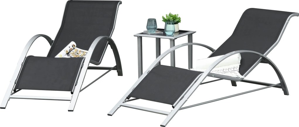 Outsunny Kert Napozóágy Szett Fém Hálós 3-Részes Napozóágy Teázó Asztallal, 2 Napozóággyal, 1 Oldalas Asztallal - Kerti Bútor Szett 59W x 169D x 66H c