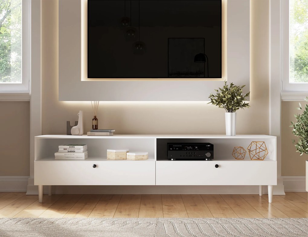 TV állvány polccal és szekrényekkel DULLUM 200x58cm, fehér