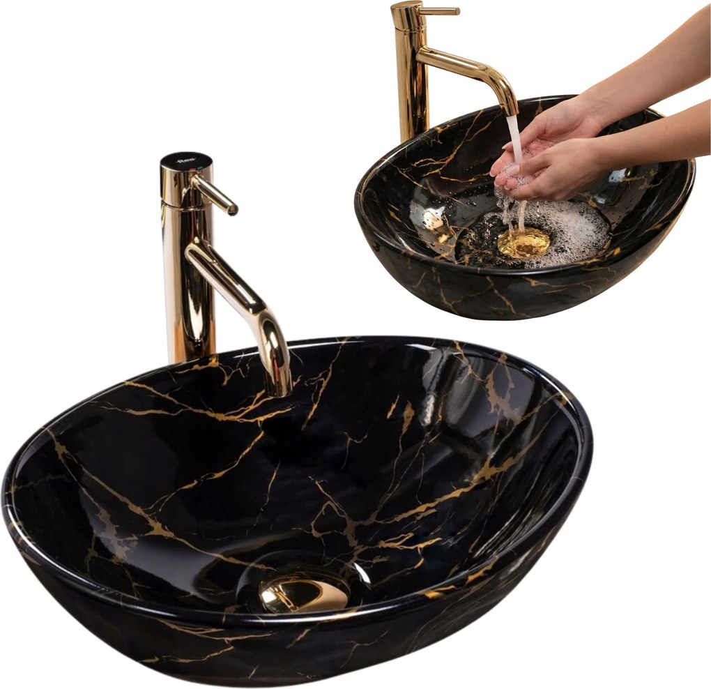 Mosdókagyló Asztali Fürdőszoba Fekete Ovális Kerámia 41 cm Márvány Rea