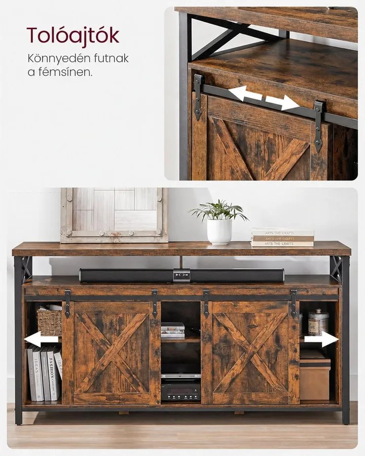 TV-szekrény tolóajtókkal, 147 x 40 x 76 cm, 65 colos TV-hez, rusztikus barna-fekete