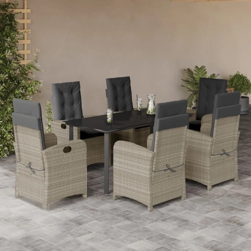 7 részes világosszürke polyrattan kerti étkezőszett párnával