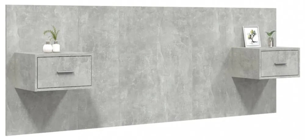 betonszürke szerelt fa ágyfejtámla szekrényekkel