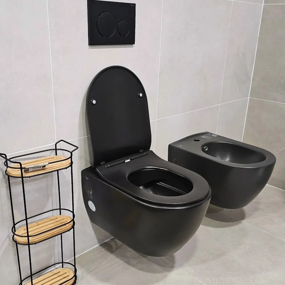 CeraStyle CITY fali WC - MATT FEKETE - BEÉPÍTETT bidé funkcióval - perem nélküli - 53 cm