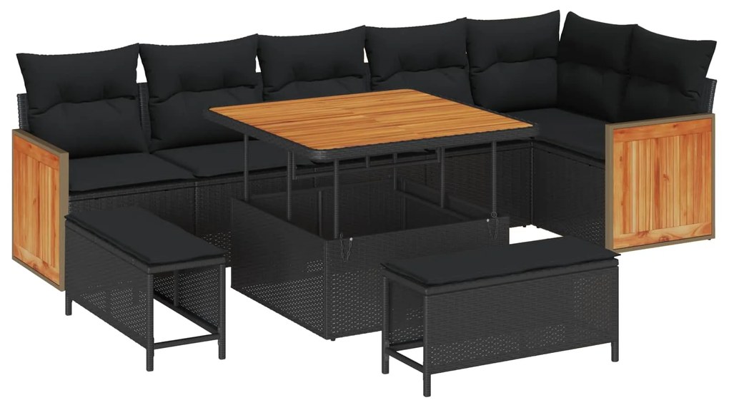 vidaXL Kerti Kanapé Szett 9 pcs Fekete Poli Rattan és Porfestett Acél