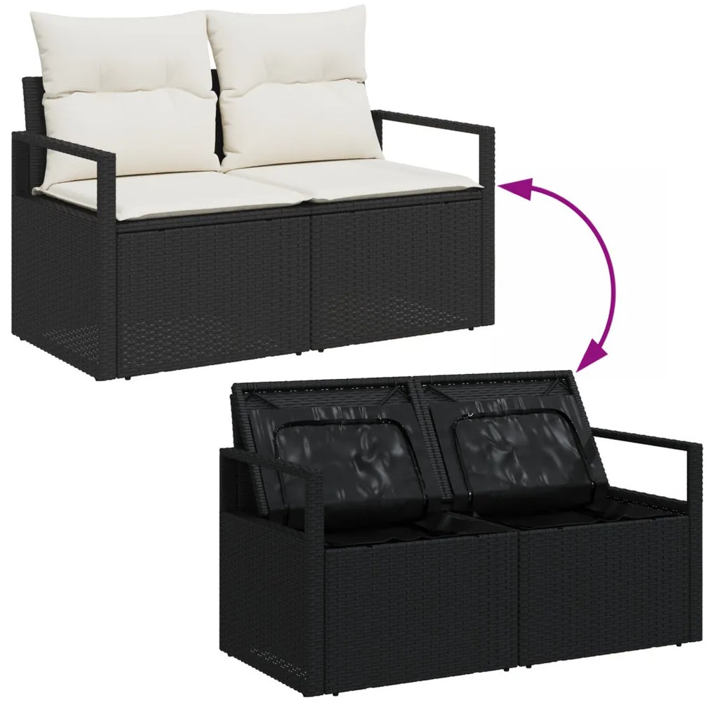 6 Részes Kerti Kanapé Szett Párnákkal Fekete Poly Rattan