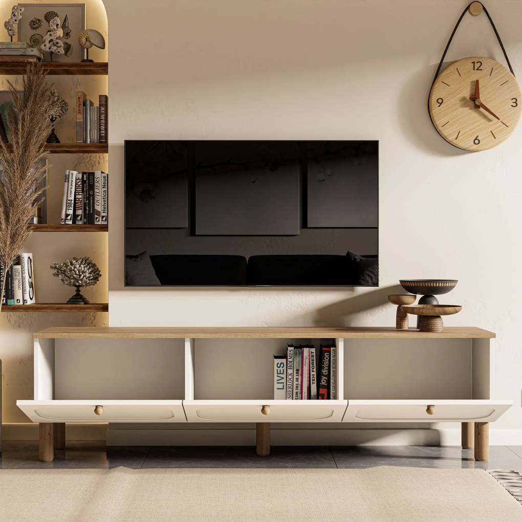 Modern TV-állvány tárolóval, TV-szekrény 180x35x50 cm, fehér/tölgy