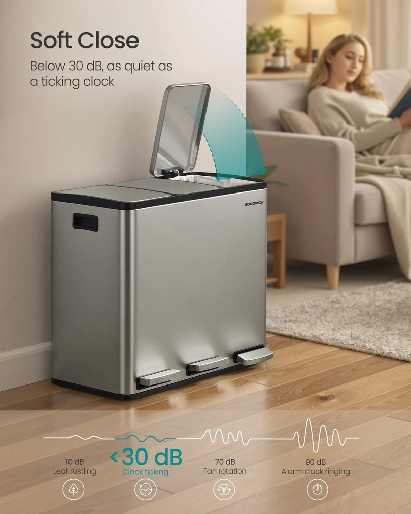SONGMICS 3 x 18L szelektív konyhai szemetes, lágy záródás, ezüst