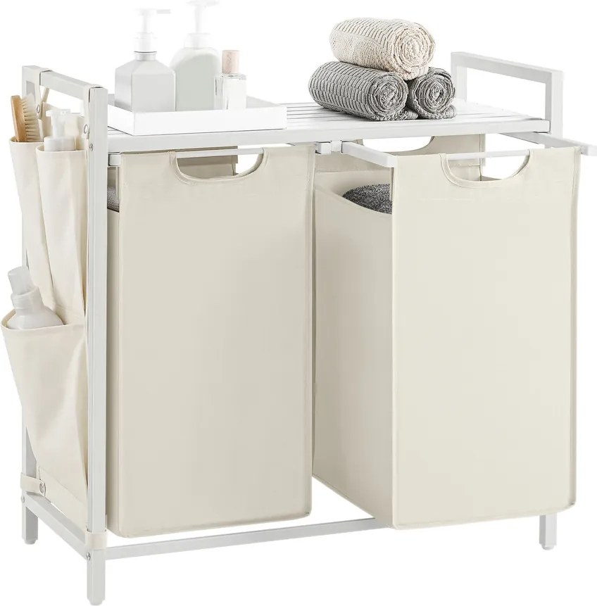 VASAGLE 2 rekeszes szennyestartó kosár polccal, 2 x 46 L, krémfehér