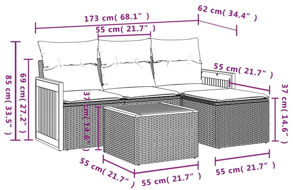 5 részes fekete polyrattan kerti kanapészett párnákkal