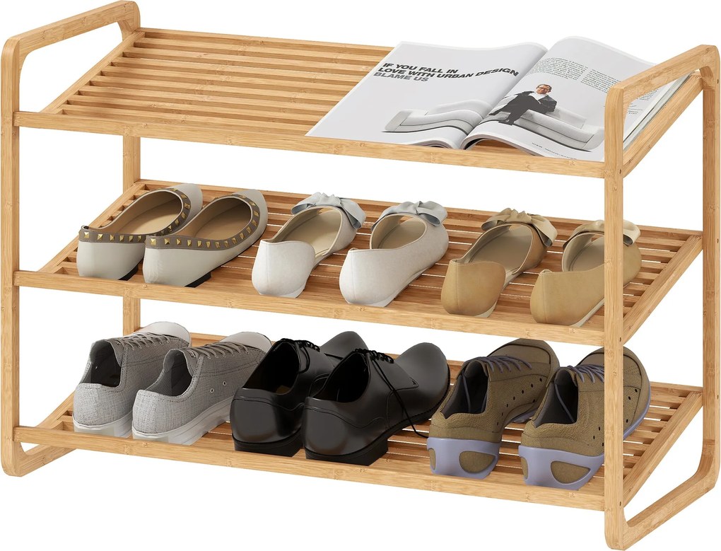 HOMCOM 3-szintes bambusz cipőtároló 12 pár cipő számára - Bejárati cipőtároló szervező 76x33x50.8 cm Természetes | Aosom