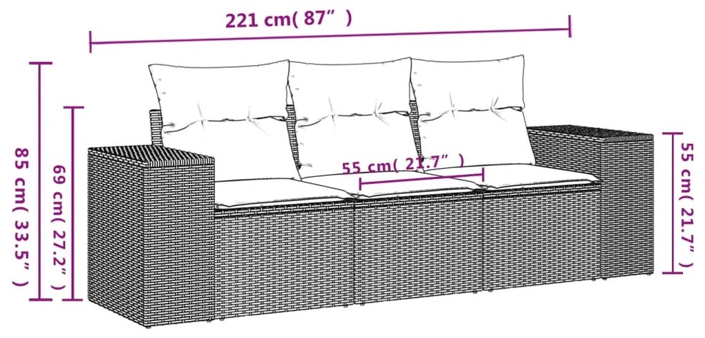 3 részes világosszürke polyrattan kerti ülőgarnitúra párnával