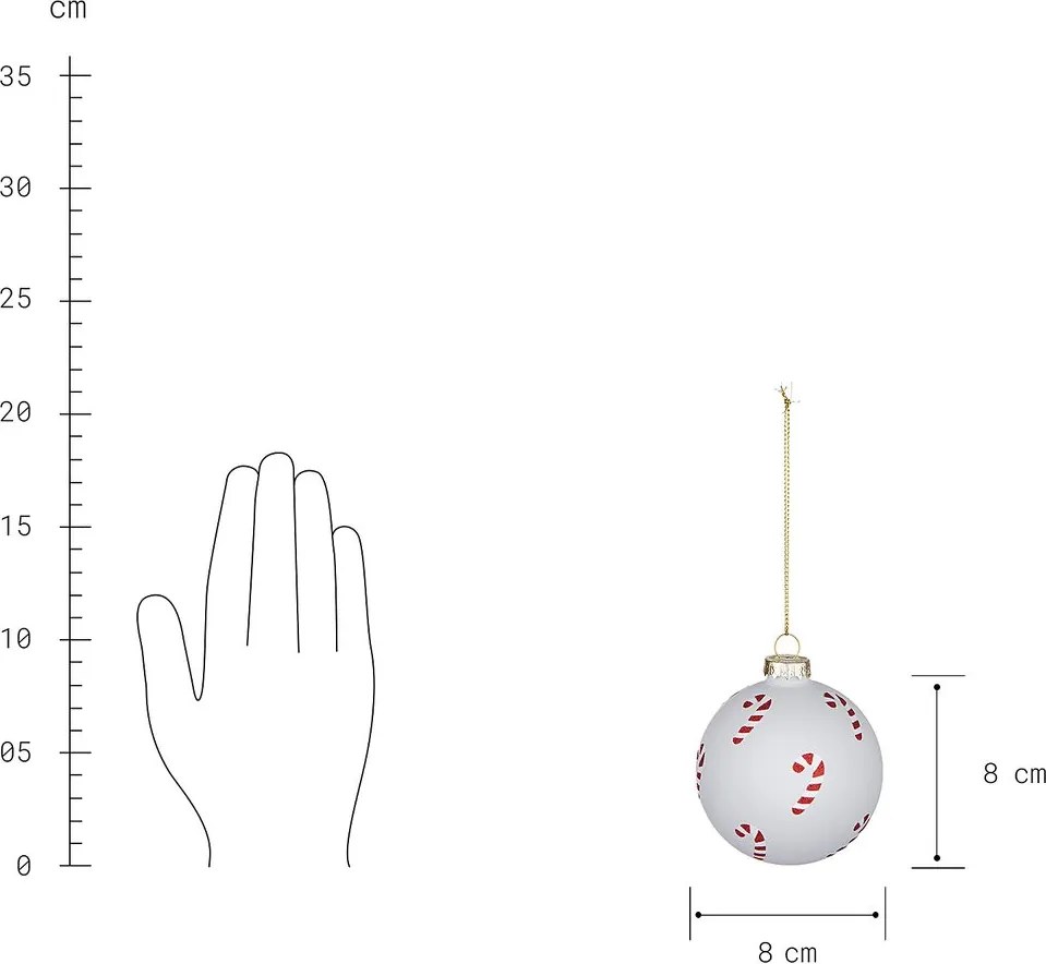 HANG ON üveg karácsonyfadísz, Candy Cane fehér 8cm