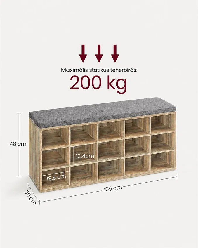Cipőtartó pad, cipőpolc ülőfelülettel, 30×105×48 cm, türkizbarna–szürke