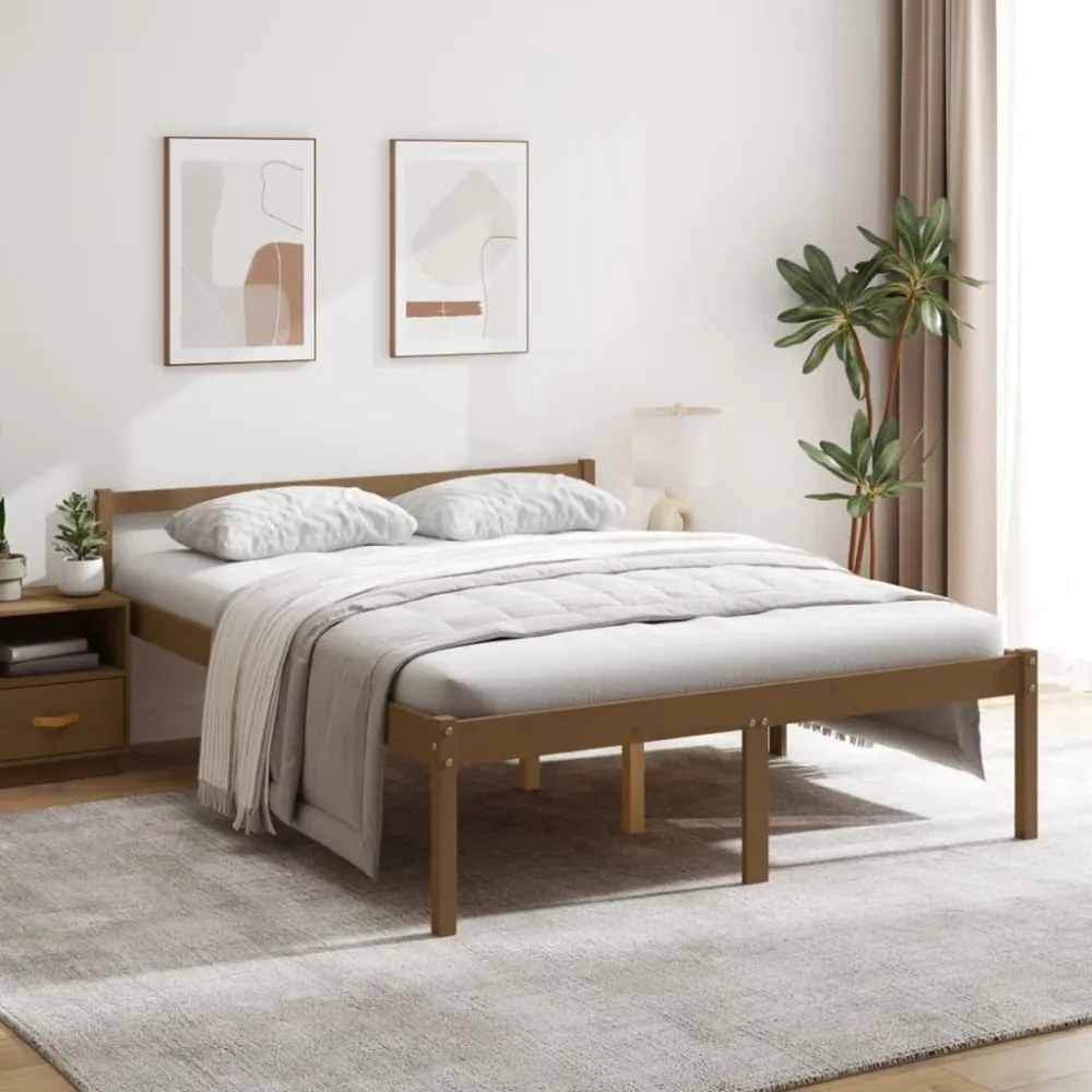 King Size mézbarna tömör fenyőfa ágy időseknek 150 x 200 cm