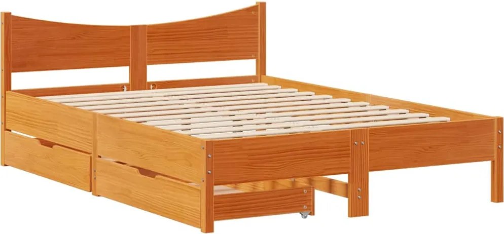 vidaXL viaszbarna tömör fenyőfa ágykeret fiókokkal 135 x 190 cm