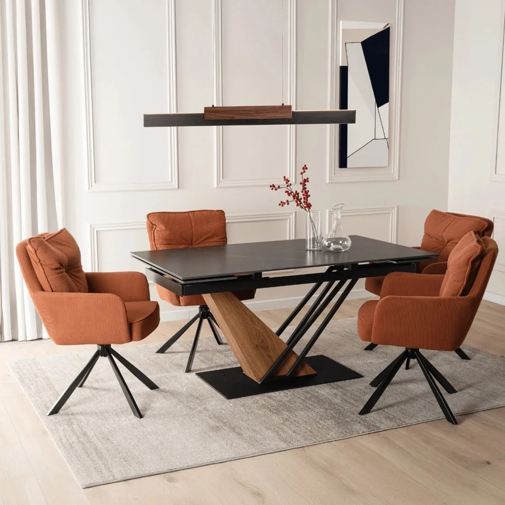 Kihúzható kerámia étkezőasztal 160–220 cm méretben, fekete márvány/dió színben REX