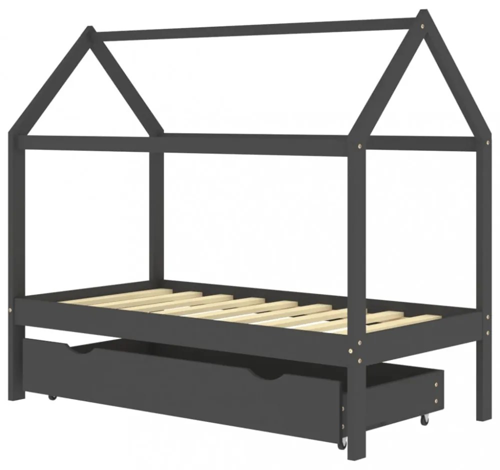 sötétszürke tömör fenyőfa gyerekágykeret fiókkal 80 x 160 cm