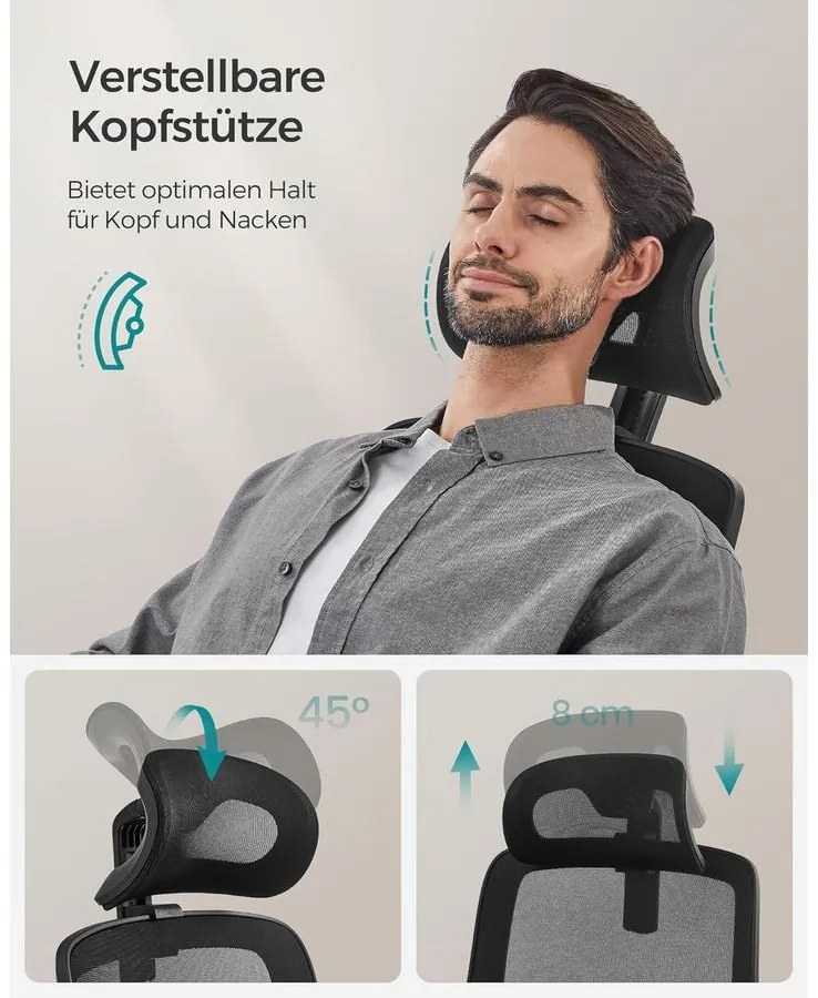 irodai szék, ergonomikus, hálós szék deréktámasszal és állítható fejtámlával, fekete