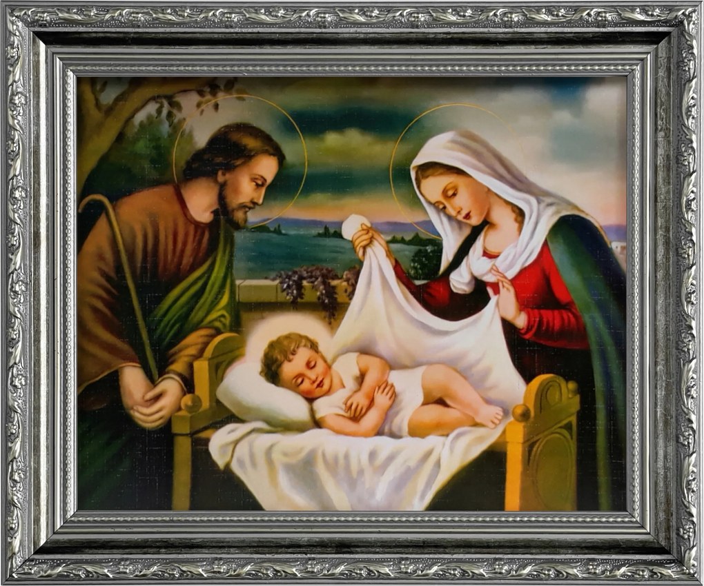 Vászonkép 26x31 Szent Család Jézus Krisztus József Mária Ezüst Díszített Keret