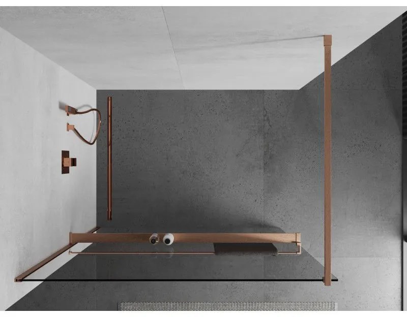 Mexen Kioto+, Walk-In zuhanyparaván polccal és akasztóval 120 x 200 cm, 8 mm átlátszó üveg, réz matt profil, 800-120-121-65-00