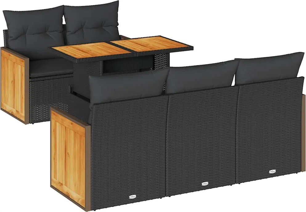 vidaXL 6 részes fekete polyrattan akácfa kerti ülőgarnitúra párnákkal