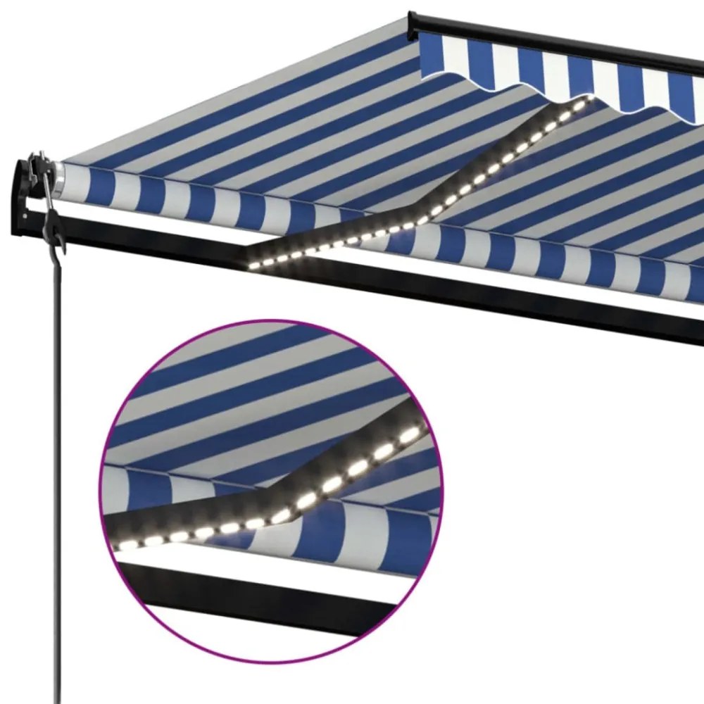 kék/fehér automata szélérzékelős és LED-es napellenző 450x350cm