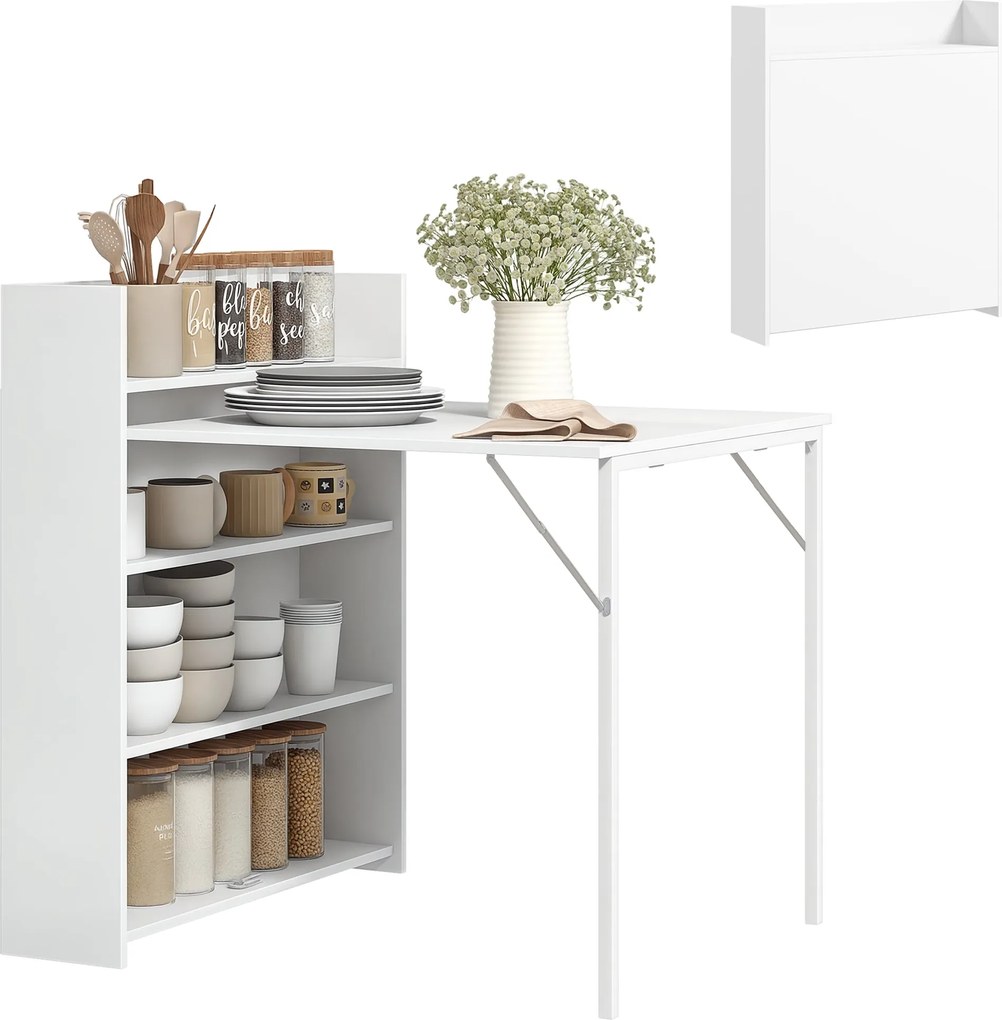 HOMCOM Összecsukható Étkezőasztal 3 Személyre 4-Szintes Polcokkal, Modern Összecsukható Étkezőasztal Kisebb Terekhez, Konyhához, 80 x 90 x 93 cm, Fehé