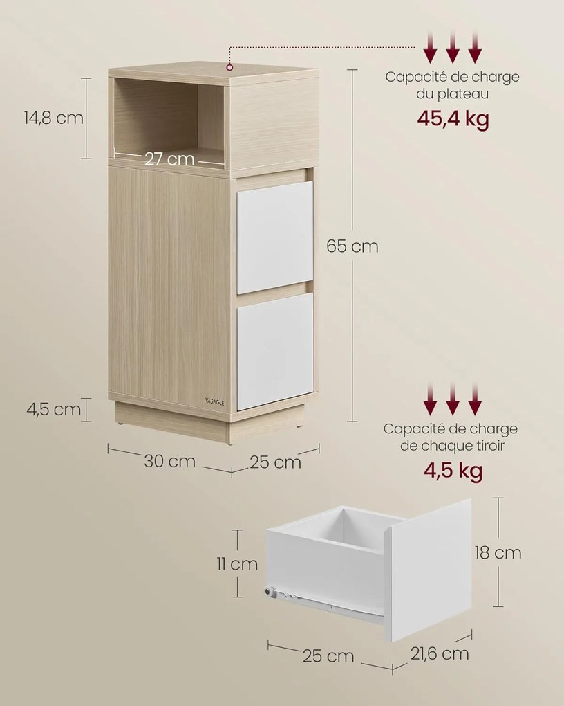 Éjjeliszekrény, 2 fiók, nyitott rekesz,natúr bézs, felhőfehér