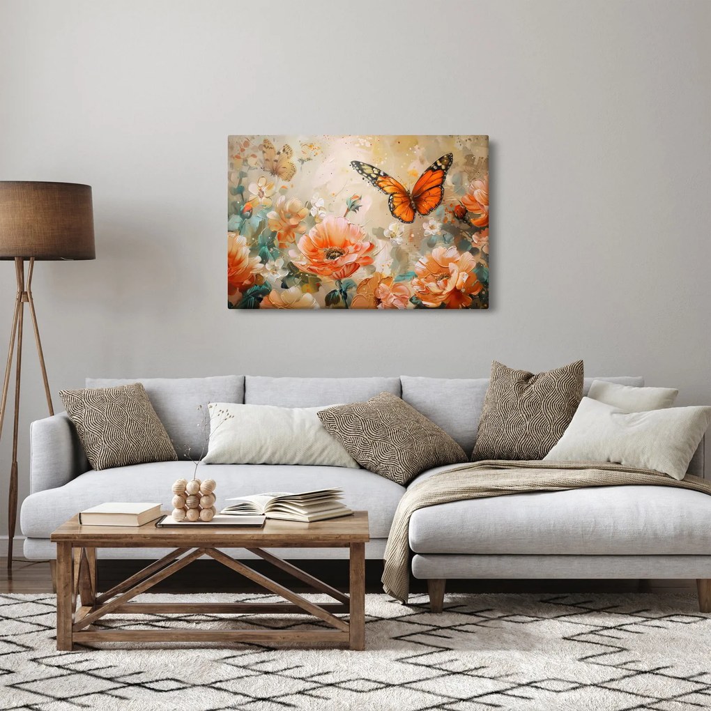 Kép - Pillangó és virágok, olajfestmény (90x60 cm)