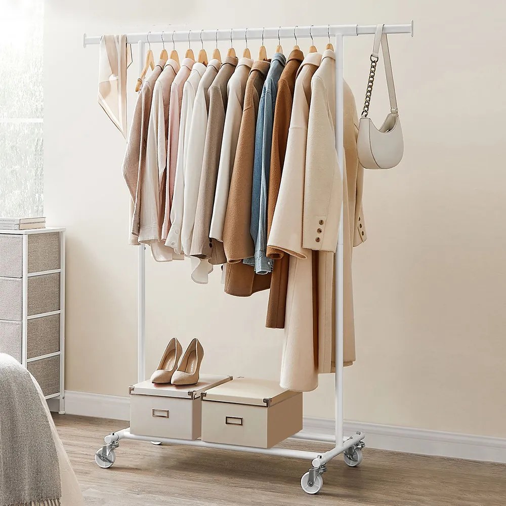 Állítható magasságú gurulós ruhatartó állvány, fehér