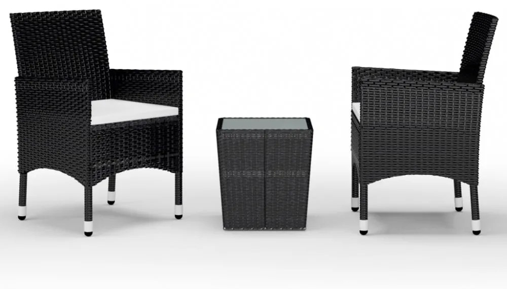3 részes fekete polyrattan és edzett üveg bisztrószett
