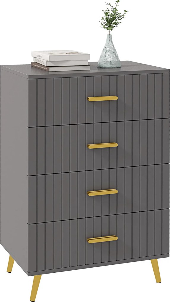 HOMCOM Modern és Felborulásgátló 4-Fiókos Komód, Fa és Alumínium Komód, 60x40x90 cm, Arany és Sötétszürke | Aosom