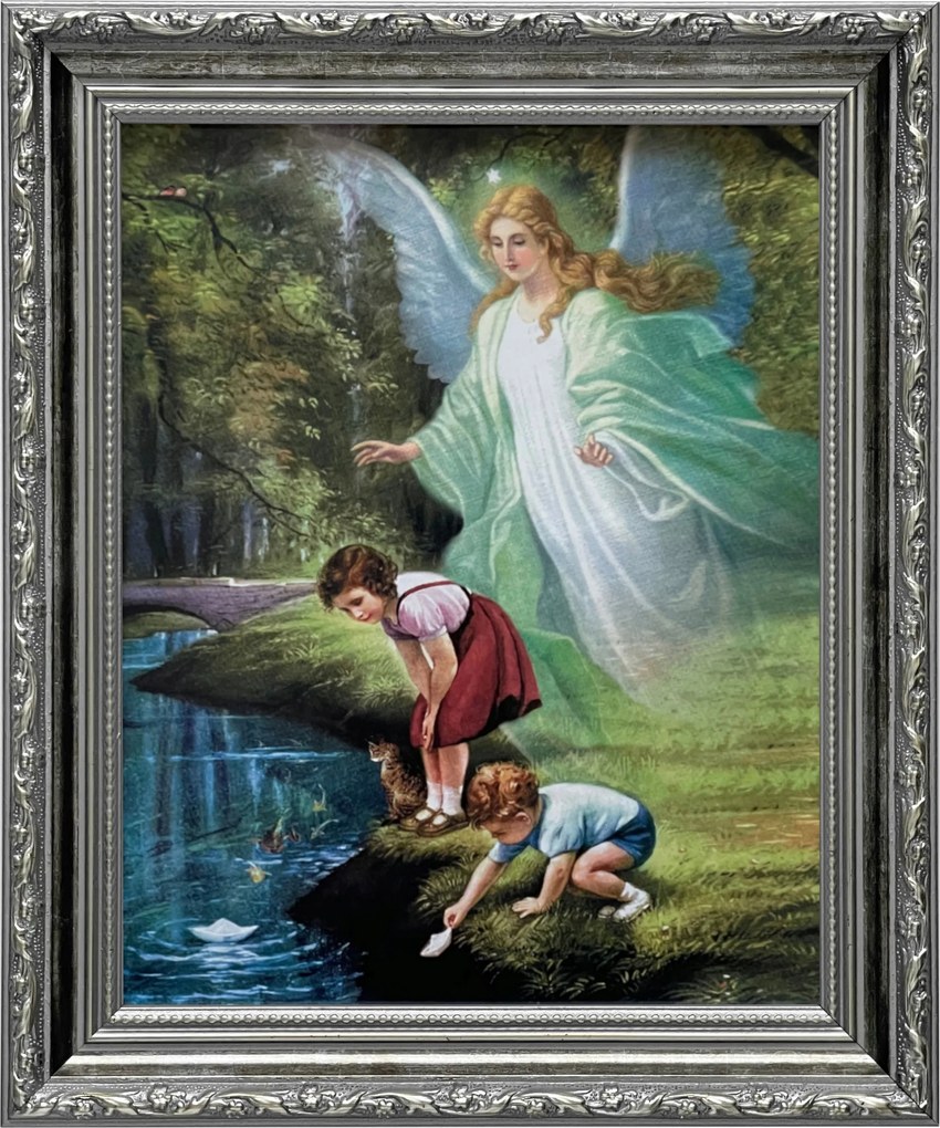 Vászonkép 31x26 Őrangyal Angyal Ezüst Díszített Keresztelő Ajándék Keret