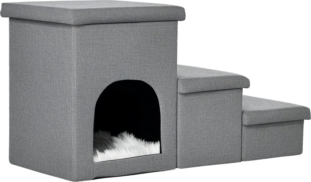 PawHut Kutya Lépcső 3 Lépcsős 40.5 cm Magas Állat Lépcső Bújópárnás Tároló Hellyel Macska Lépcső Kisméretű Kutyák Számára Lépéssegítő Ágyhoz, Kanapého