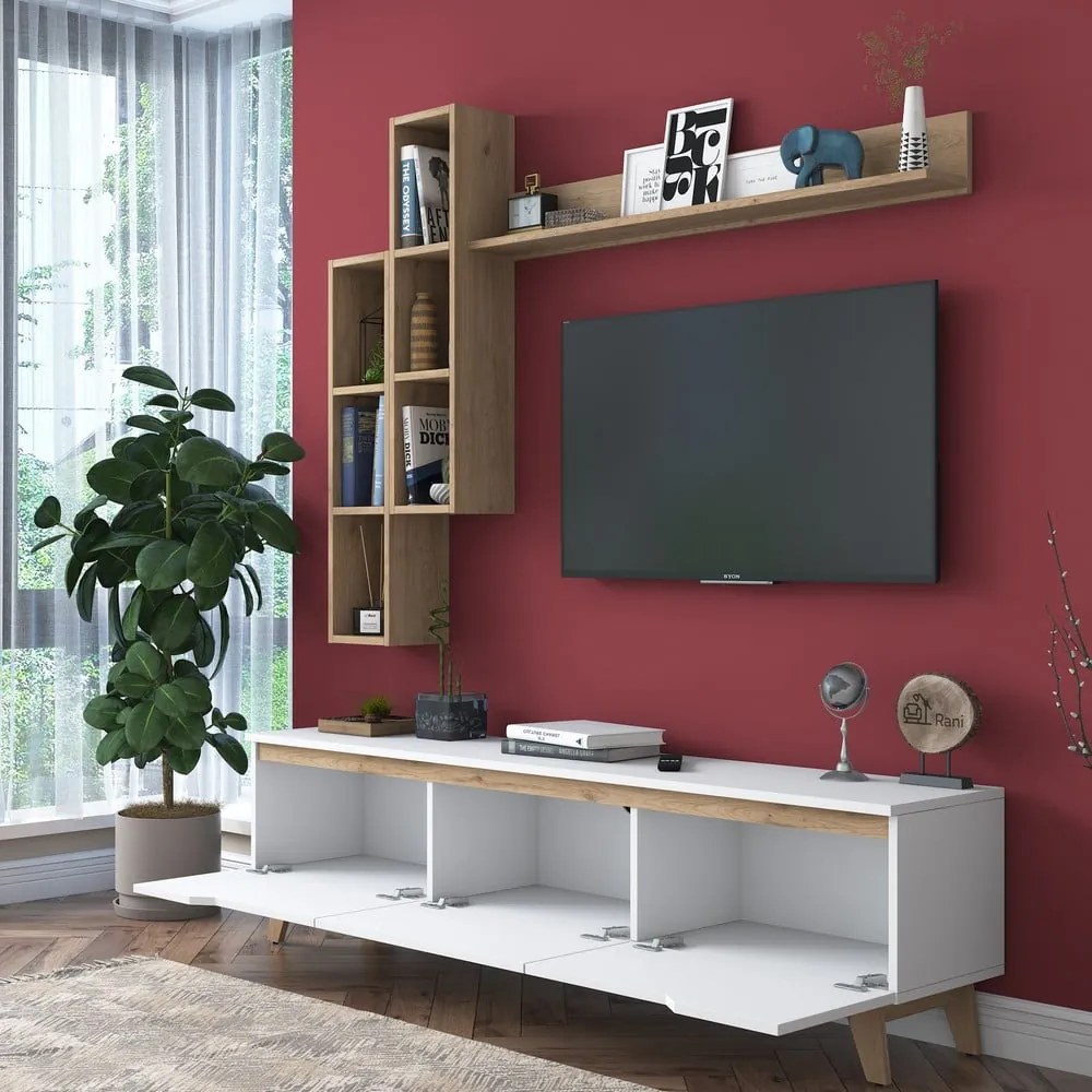 Fehér-natúr színű nappali bútor szett diófa dekorral 180x49 cm Linh – Kalune Design