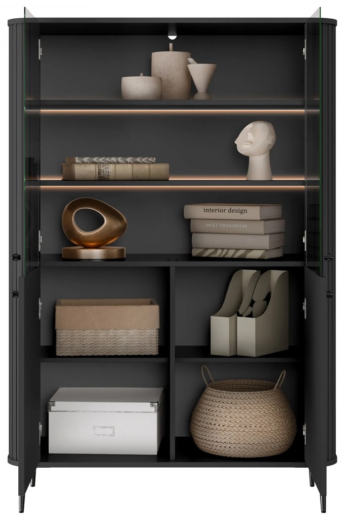 Vesper négyajtós vitrines szekrény 103 cm - fekete / fekete lábak