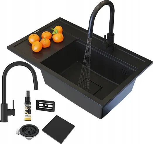 Gránit Mosogató Fekete Konyhai Csaptelep Modern Rendo Szett Jobbos Kamra