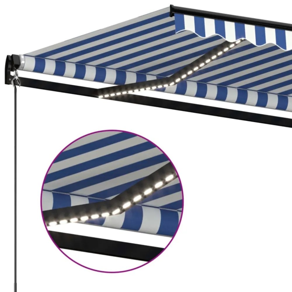 kék és fehér kézzel kihúzható LED-es napellenző 500 x 300 cm