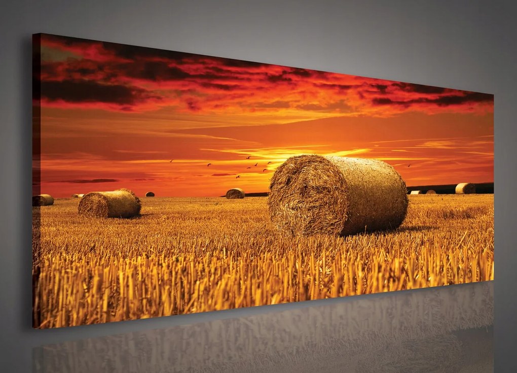 Vászonkép 145x45 Naplemente kévék szalma mező nyár természet ég felhők csend