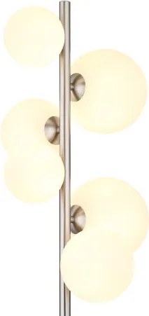 Globo 56140-6S Állólámpa fém matt nikkel, fehérüveg, fekete PVC kábel, lábkapcsoló a kábelben, HxSzxM: 295x280x1550mm, kábelhossz 1800mm, üveg átmérő: 2x10cm, 2x12cm, 2x15 cm, 6x G9 LED 3.5W 350lm forrás, 310lm kimenet, 3000K
