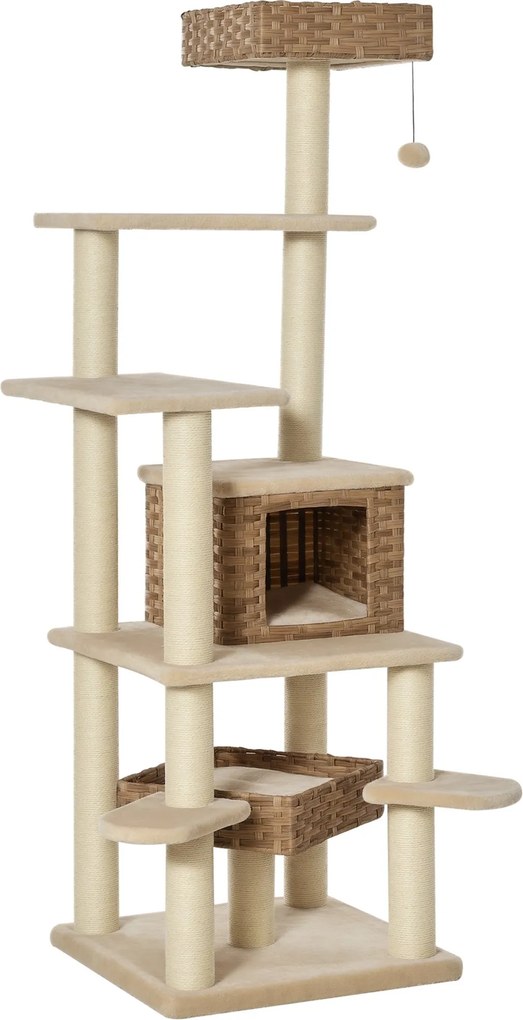 PawHut Rattan Macskafa Macskaodúval Több szintes Macskafalmászó Fa Macskáknak E1 MDF Szizál Beige+Barna 55 x 55 x 174 cm | Aosom