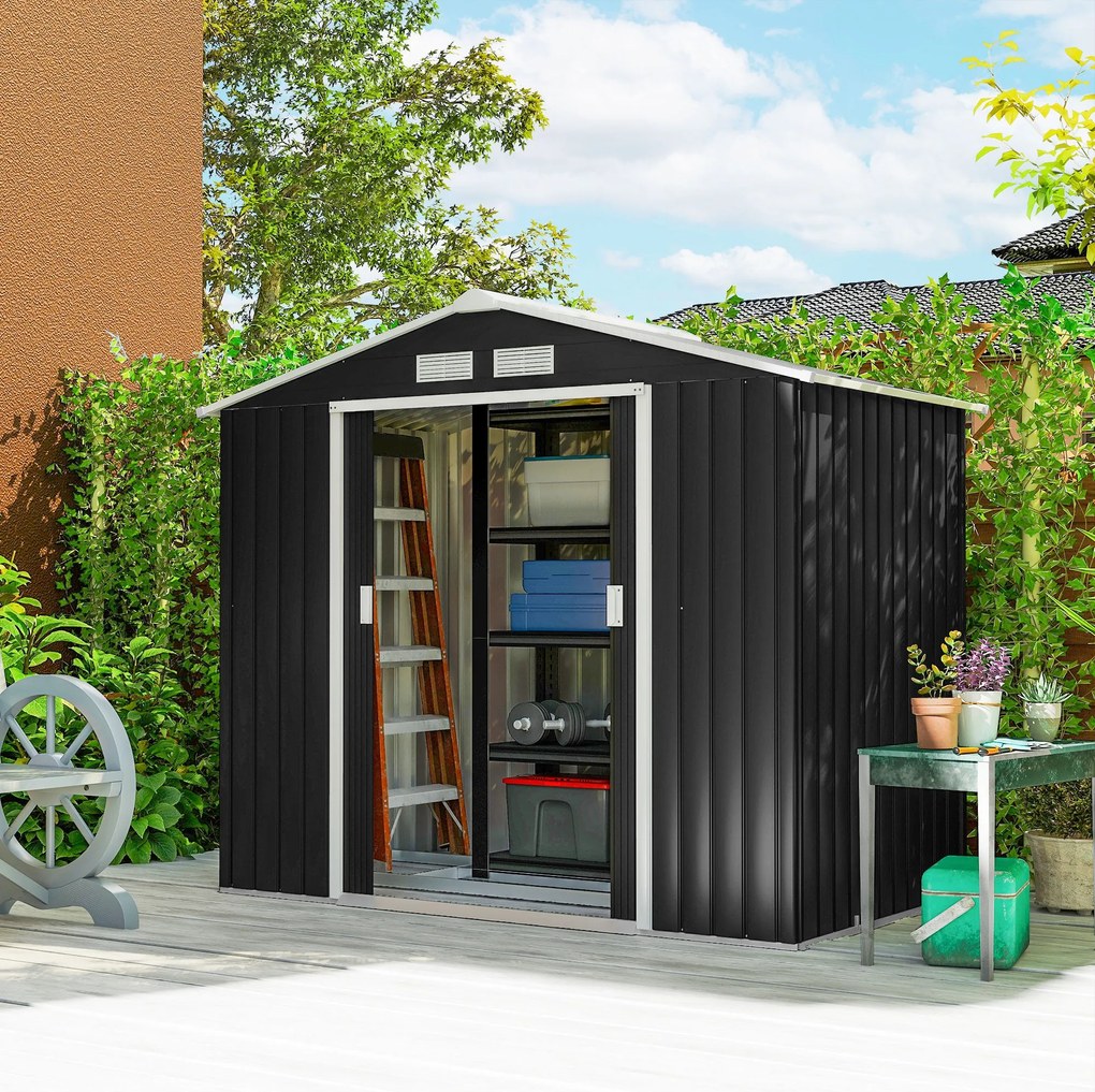 Outsunny kertiszerszám-tároló 2,42 m², kertiház ferde tetővel, tolóajtó, alap, 213 x 130 x 185 cm, horganyzott acélból készült, időjárásálló, kerthez,
