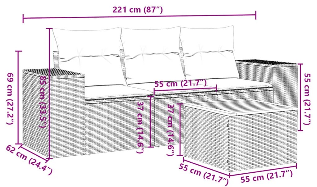 4 részes bézs polyrattan kerti ülőgarnitúra párnákkal