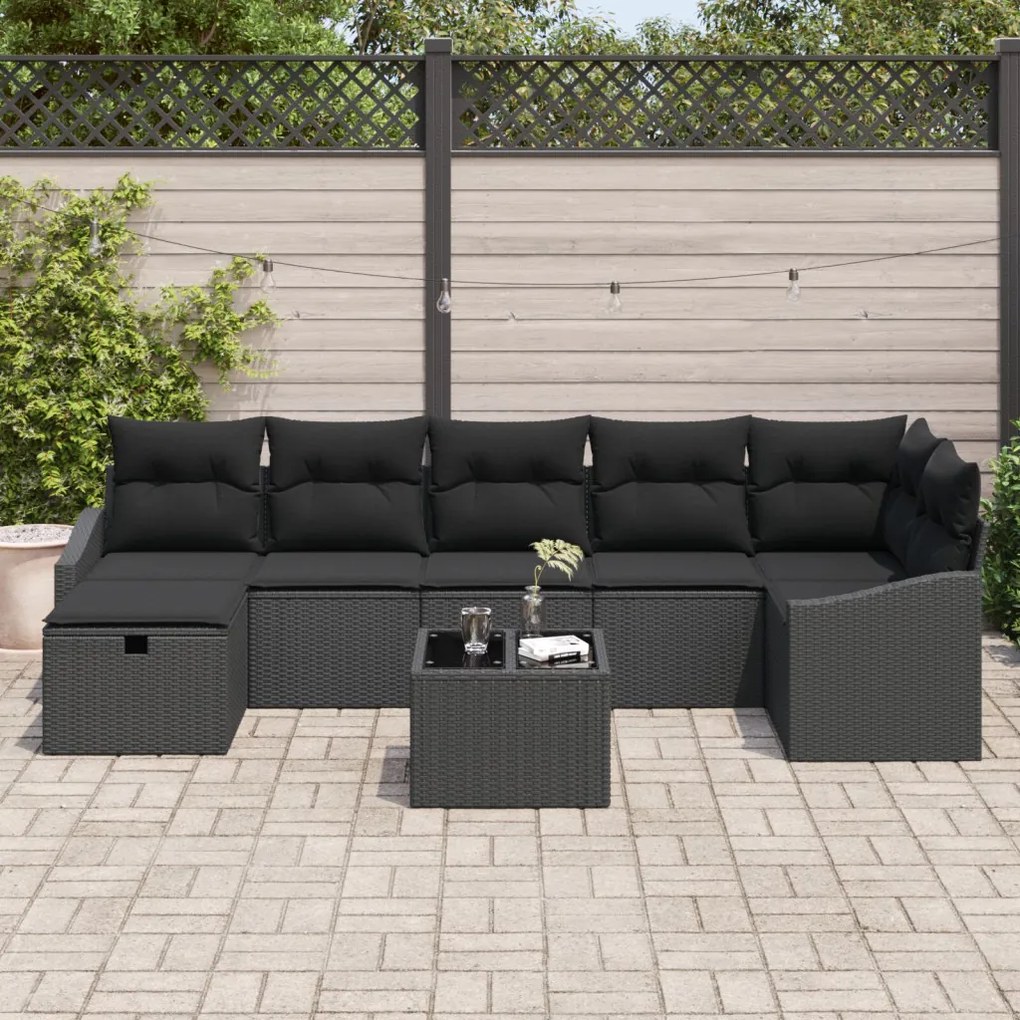 8 részes kerti kanapé szett párnákkal fekete poly rattan