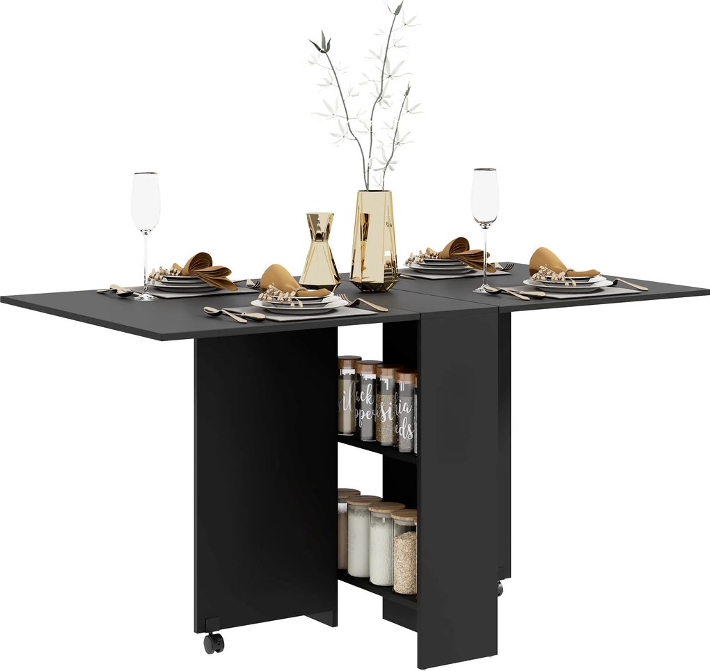 HOMCOM Összecsukható Étkezőasztal Konyhai Asztal Kerekekkel, Összecsukható Szárnyakkal és Polcokkal 4-6 Fő Részére 75x140x74 cm Fekete | Aosom